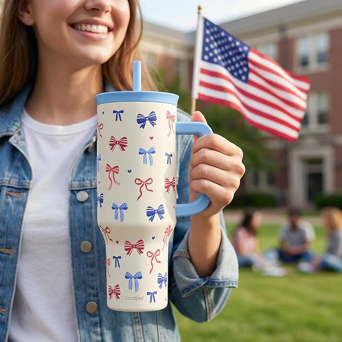SANDJEST American Flag 40oz Tumbler with Handle and Straw, Insulated Stainless Steel Travel Coffee Mug for Women Girls, Gift Idea for Birthday Christmas 4th of July (Bow) - Image 6