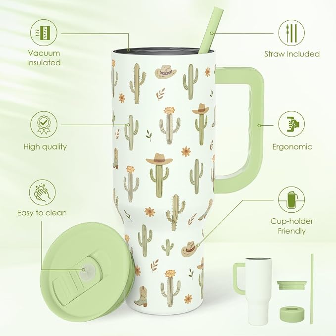 SANDJEST Cactus 40oz Tumbler with Handle and Straw, Insulated Stainless Steel Travel Coffee Mug for Women Girls, Gift Idea for Birthday Christmas Mothers Day - Image 2