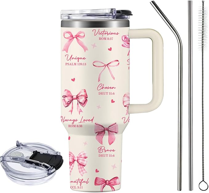 Christian Gifts for Women, 40 oz God Says I am Pink Tumbler with Handle, Inspirational Religious Birthday Gifts, Spiritual Catholic Faith Jesus Bible God Prayer Gift for Pink Bow Christian Cup - Image 3