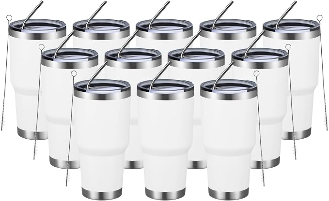 MEWAY 30oz Insulated Tumbler With Lids and Straws,Stainless Steel Double Vacuum Coffee Tumbler Cup, Brush, Durable Powder Coated Coffee Cup for Cold & Hot Drinks, Office, Travel(White,12 PACK) by MEWAY