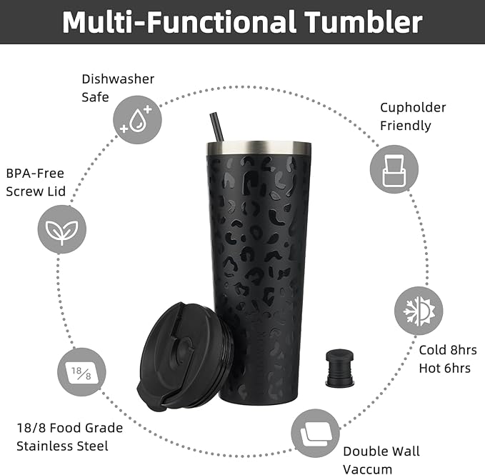 BJPKPK 26oz Insulated Tumbler With lid And Straw Stainless Steel Tumblers Travel Coffee Mug Reusable Thermal Cup,Black Leopard - Image 3