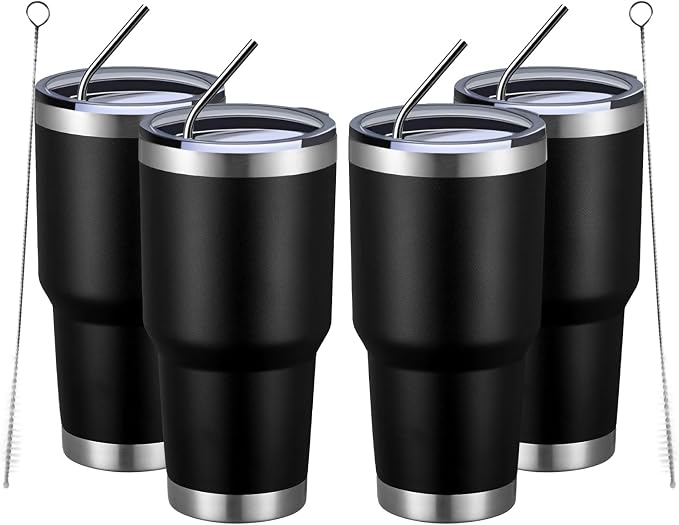 MEWAY 30oz Insulated Tumbler With Lids and Straws,Stainless Steel Double Vacuum Coffee Tumbler Cup, Brush, Durable Powder Coated Coffee Cup for Cold & Hot Drinks, Office, Travel(Black,4 PACK) by MEWAY