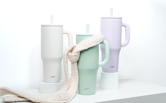 Zak Designs Sutton Travel Tumbler for On the Go, 40oz Stainless Steel with Vacuum Insulation, Silicone Straw, and Carry Handle for Cold Drinks (Cream White) - Image 10