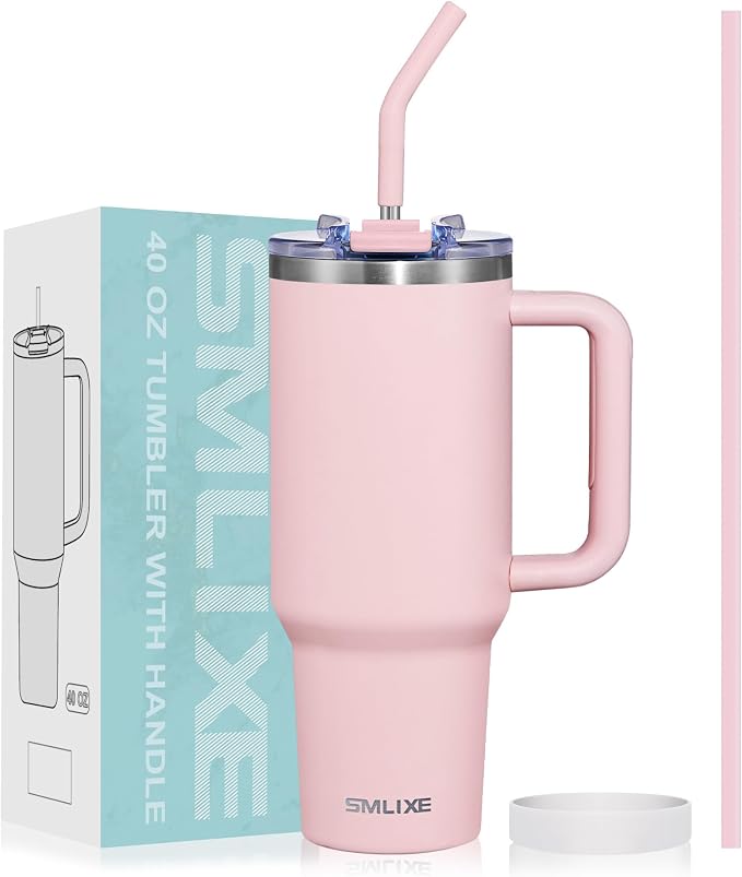 40 oz Tumbler with Handle and Straw Lid,Insulated Reusable Stainless Steel Water Bottle Travel Mug，Cupholder Friendly Double Wall Vacuum Sealed Cup (Pink) by smlixe