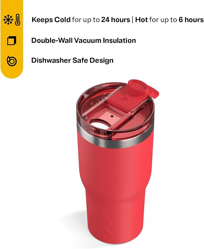 RTIC 20oz Essential Tumbler with Lid, Ceramic Lined, Insulated, Stainless Steel, Metal, Double Wall Vacuum-Insulation, Travel Cup for Iced Coffee, Tea, Hot and Cold Drink, Flag Red - Image 2