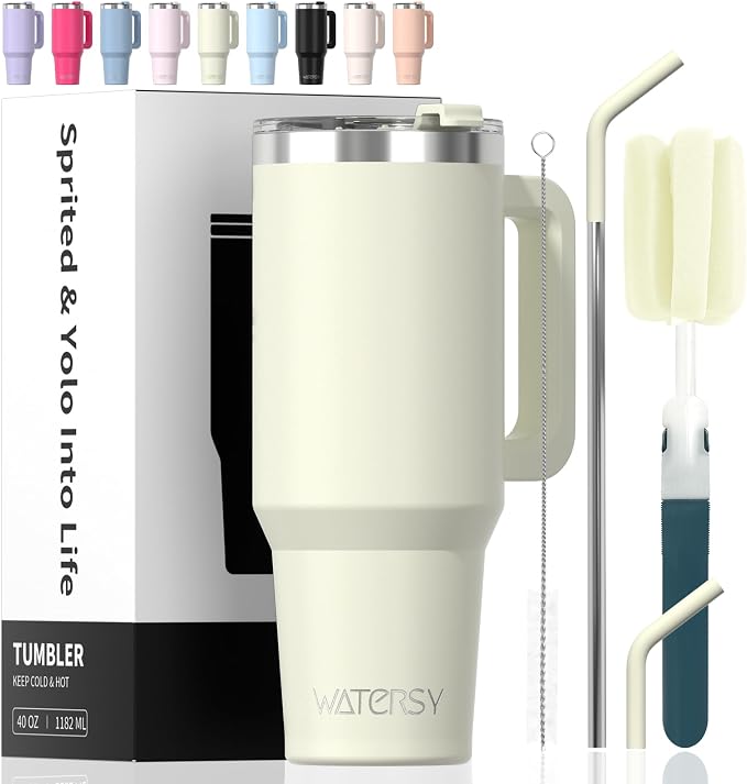 40 oz Tumbler with Handle,Tumbler with Lid and Straw,Double Wall Insulated Cup Stainless Steel Travel Mug(Cold for 34 Hours),Water Bottle for Iced Tea,Coffee,Cold Beverages(Cream White) by Watersy