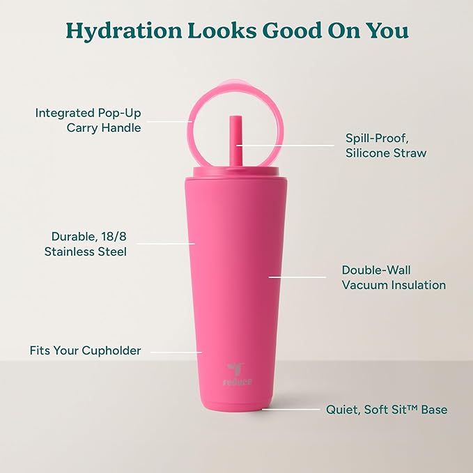 REDUCE Halo 32 oz Stainless Steel Vacuum Insulated Tumbler - Spill Proof Travel Mug with Flip Handle Lid - Keeps Drinks Cold for 32 Hrs - Dishwasher Safe - Cupholder Friendly - Dragon Fruit - Image 4