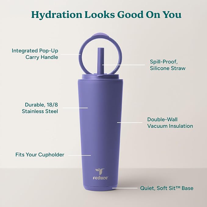 REDUCE Halo 24 oz Stainless Steel Vacuum Insulated Tumbler - Spill Proof Travel Mug with Flip Handle Lid - Keeps Drinks Cold for 32 Hrs - Dishwasher Safe - Cupholder Friendly - Future Dusk - Image 4