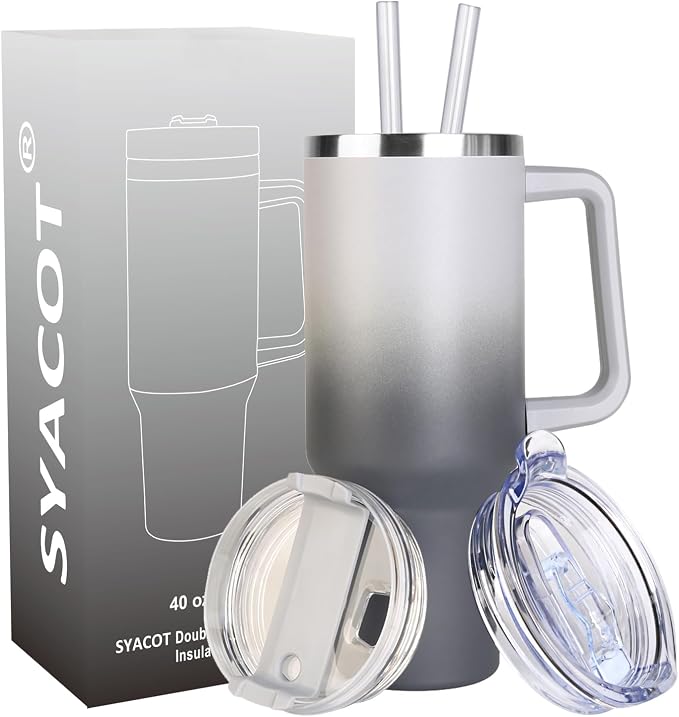 SYACOT 40 oz Tumbler with Handle and Straw Stainless Steel Insulated Tumbler Leak Proof Lid and Straw Lid Reusable Travel Mug Coffee Mug Cup Dishwasher Safe Keep Drinks Cold and Hot (Grey&Black) by SYACOT