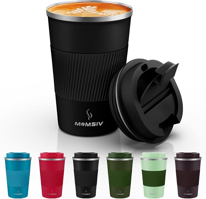 MOMSIV 12oz Travel Mug, Insulated Coffee Cup with Leakproof Lid, Vacuum Stainless Steel Double Walled Reusable Tumbler for Hot and Cold Water Coffee and Tea In Travel and Car (Black - 380ml) by MOMSIV