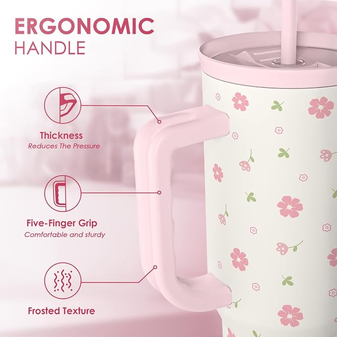 Floral 40oz Tumbler with Handle and Straw – Flowers Insulated Stainless Steel Travel Coffee Mug for Women Girls - Gift Idea for Birthday Christmas Mothers Day - Image 3