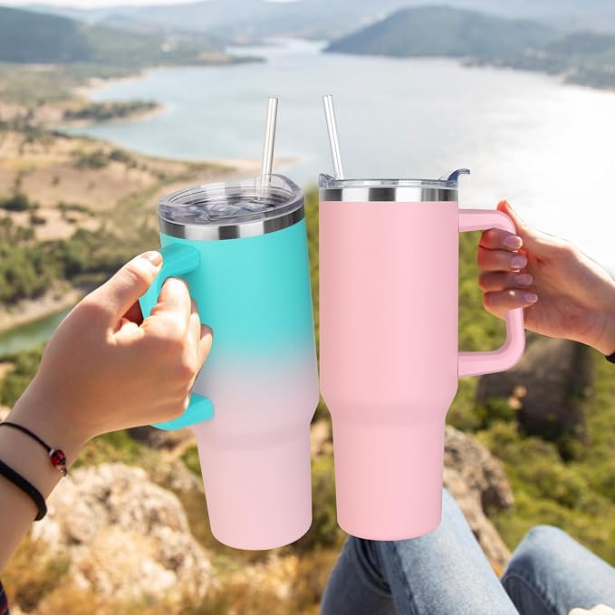 SYACOT 40 oz Tumbler with Handle and Straw Stainless Steel Insulated Tumbler Leak Proof Lid and Straw Lid Reusable Travel Mug Coffee Mug Cup Dishwasher Safe Keep Drinks Cold and Hot (Pink Dusk) - Image 6