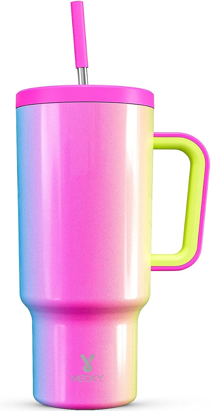 Meoky 40oz Tumbler with Handle, Leak-proof Lid and Straw, Insulated Coffee Mug Stainless Steel Travel Mug, Keeps Cold for 34 Hours or Hot for 10 Hours (Carnival) by MEOKY