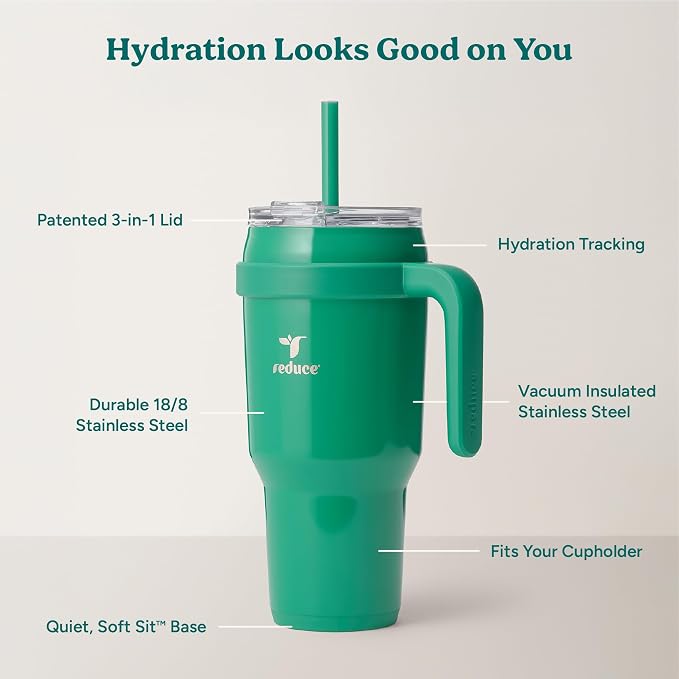 REDUCE 40 oz Stainless Steel Tumbler with Handle - Dual-Wall Vacuum Insulated Travel Mug, Sweat-Proof Lid & Reusable Straw - Keeps Drinks Cold for 24 Hrs, Fits Cupholders, Dishwasher Safe - Palm Leaf - Image 4