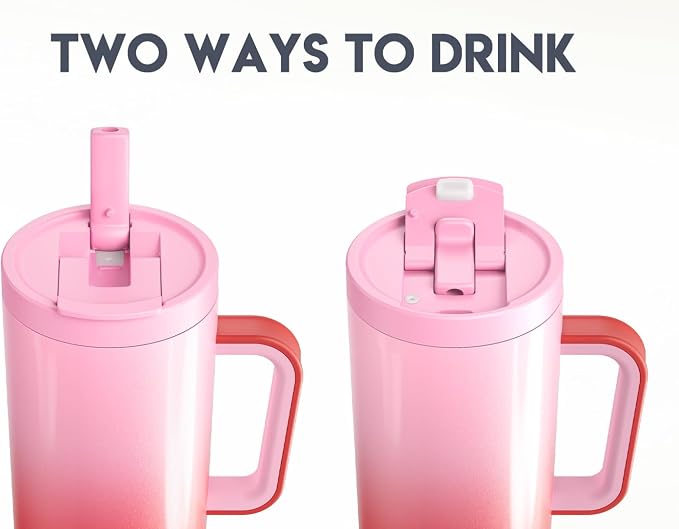 Meoky 40 oz Tumbler with Handle and Flip Straw, 100% Leakproof Tumbler with Lid and Straw, Stainless Steel Insulated Cup, Cupholder Friendly, Keeps Cold for 34 Hours (Flamingo) - Image 5