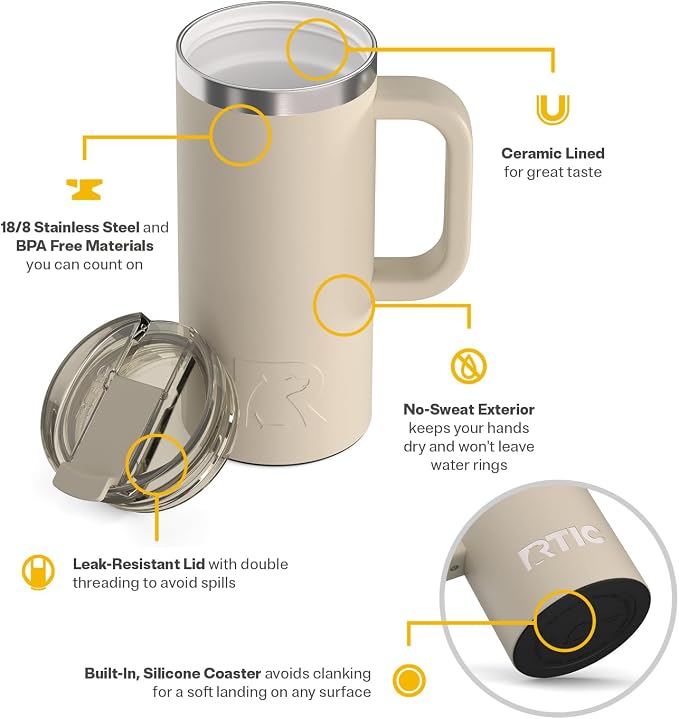 RTIC 16oz Road Trip Travel Mug with Lid and Handle, Ceramic Lined, Insulated, Stainless Steel, Metal, Double Wall Vacuum-Insulation, Portable Coffee, Tea Cup for Hot and Cold Drink, Beach - Image 3