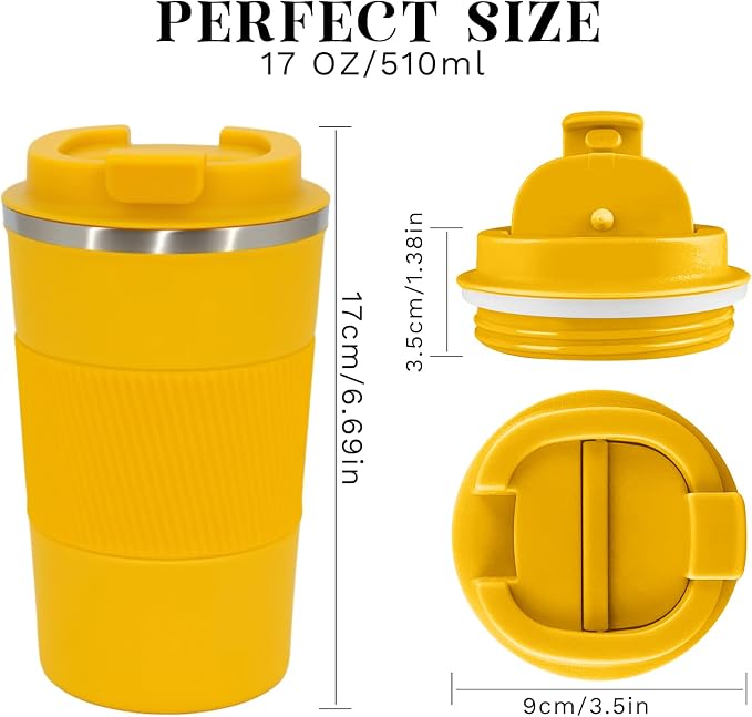 YINBAOGE Insulated Travel Coffee Mug, Spill & Leak Proof, Portable To Go Camping Stainless Steel Coffee Tumbler, Reusable Thermal Coffee Cup with Lid for Hot & Cold Drinks (Yellow, 17 OZ) - Image 4