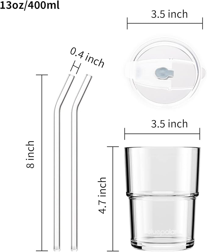 BLUEPOLAR 13oz/400ml Glass Water Tumbler with Straw and Lid Sealed Carry On Thick Wall Iced Coffee Cup Glass Cup for Water, Iced Tea Fruit Juice Etc (White-2Pack) - Image 4