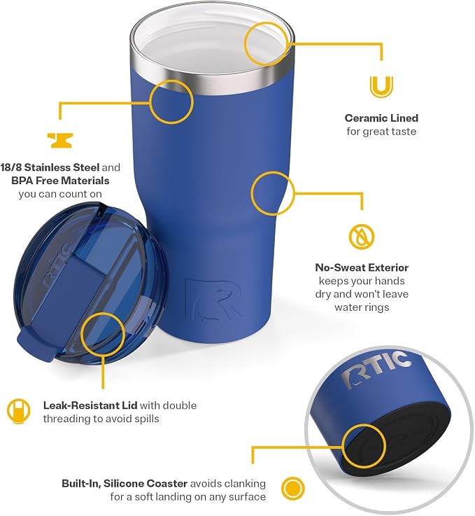 RTIC 30oz Essential Tumbler with Lid, Ceramic Lined, Insulated, Stainless Steel, Metal, Double Wall Vacuum-Insulation, Travel Cup for Iced Coffee, Tea, Hot and Cold Drink, Cobalt - Image 3