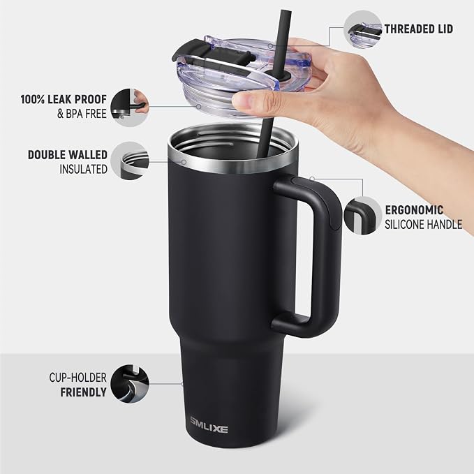 40 oz Tumbler with Handle and Straw Lid,Insulated Reusable Stainless Steel Water Bottle Travel Mug，Cupholder Friendly Double Wall Vacuum Sealed Cup (Black) - Image 2