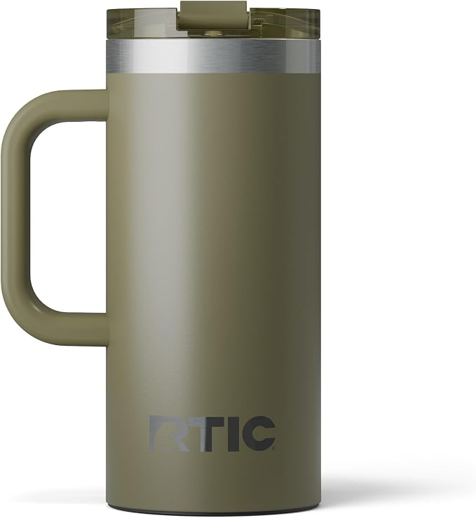 RTIC 16oz Road Trip Travel Mug with Lid and Handle, Ceramic Lined, Insulated, Stainless Steel, Metal, Double Wall Vacuum-Insulation, Portable Coffee, Tea Cup for Hot and Cold Drink, Olive by RTIC