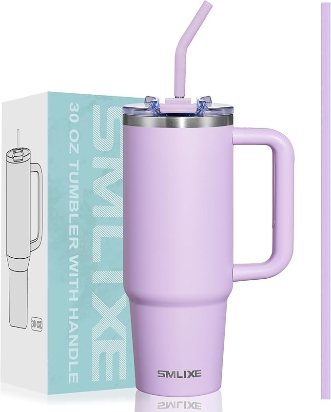 30 oz Tumbler with Handle, Tumbler with Lid and Straw, Double Wall Vacuum Insulated Travel Mug Stainless Steel Tumbler for Hot and Cold, Cupholder Friendly (Purple) by smlixe
