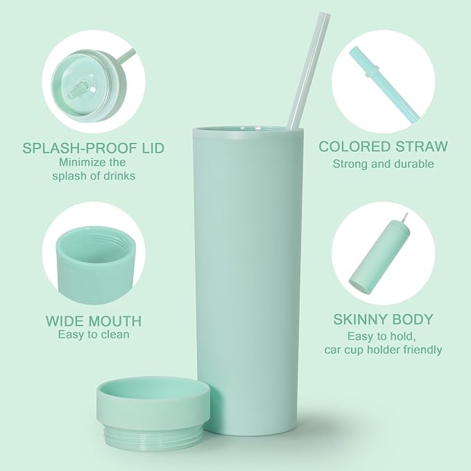 sweet grain Skinny Tumblers with Lids and Straws(6 Pack) - 16oz Matte Pastel Colored Skinny Acrylic Tumblers, Double Wall Plastic Tall Skinny Tumblers Bulk for Cold Hot Drinks - Mint Green - Image 4