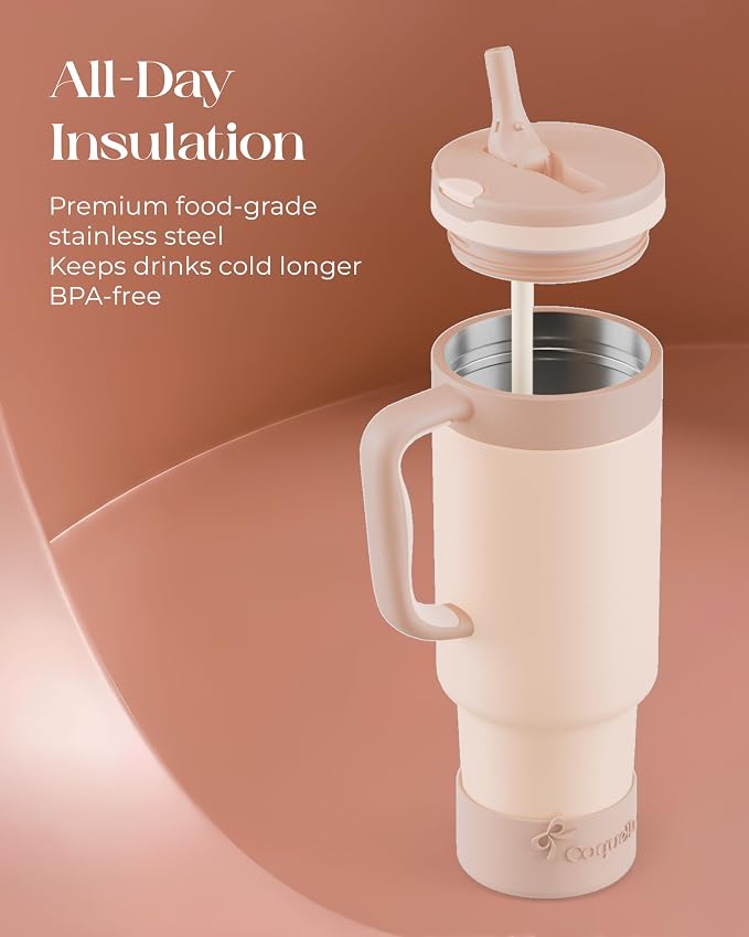 40 oz Insulated Tumbler with Handle and Push-Button Straw Lid, Stainless Steel Travel Cup for Gym Office, Leakproof, BPA-Free, Cup Holder Friendly, Bow Silicone Boot, Beige (Cream Latte) - Image 4