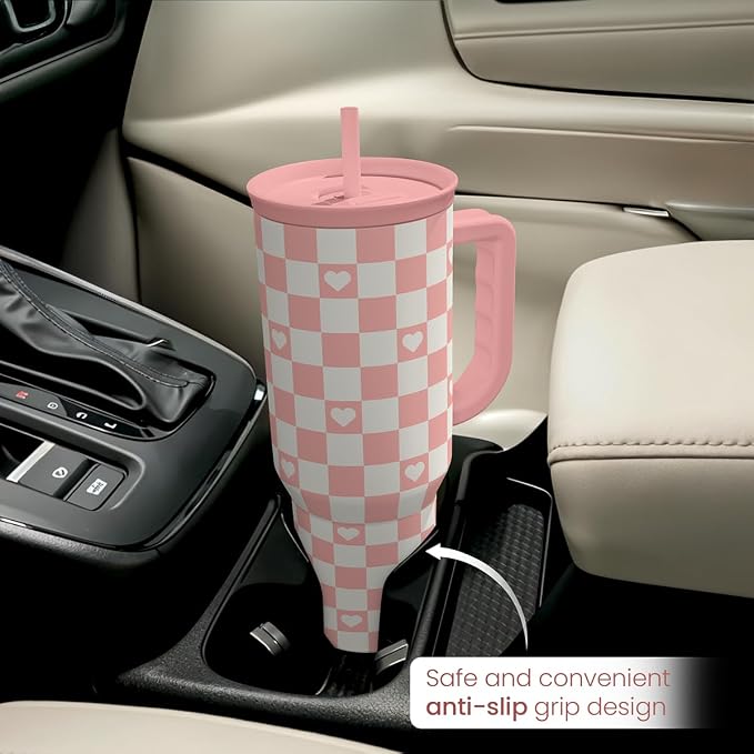 40oz Checkered and Heart Tumbler with Handle and Straw - Insulated Stainless Steel Travel Coffee Mug for Women Girls, Gift for Birthday, Christmas - Image 8