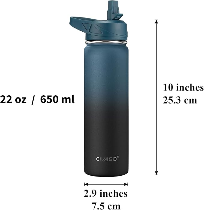 CIVAGO 22 oz Insulated Water Bottle With Straw, Stainless Steel Sports Water Flask Cup with 3 Lids (Straw, Portable Spout and Handle Lid), Double Walled Travel Thermal Canteen Mug, Dark Rainbow - Image 4