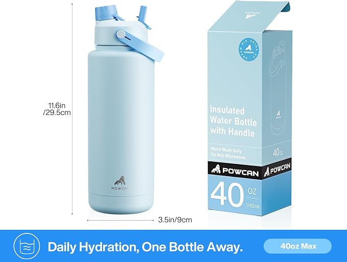 POWCAN 40 oz Insulated Water Bottle with 2-in-1 Straw and Spout Lid, Keep Cold 24H, Leak-Proof, BPA-Free, Double Wall Stainless Steel Water Bottle for Sports, Gym, Travel, and School (Sea Breeze) - Image 5