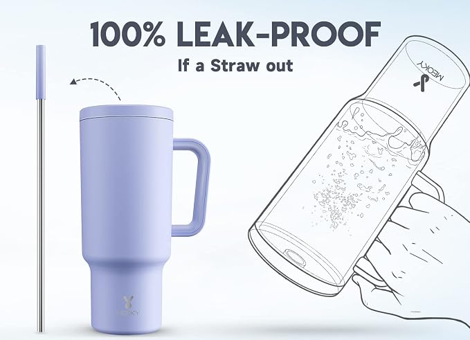 Meoky 40oz Tumbler with Handle, Leak-proof Lid and Straw, Insulated Coffee Mug Stainless Steel Travel Mug, Keeps Cold for 34 Hours or Hot for 10 Hours (Lilac) - Image 3