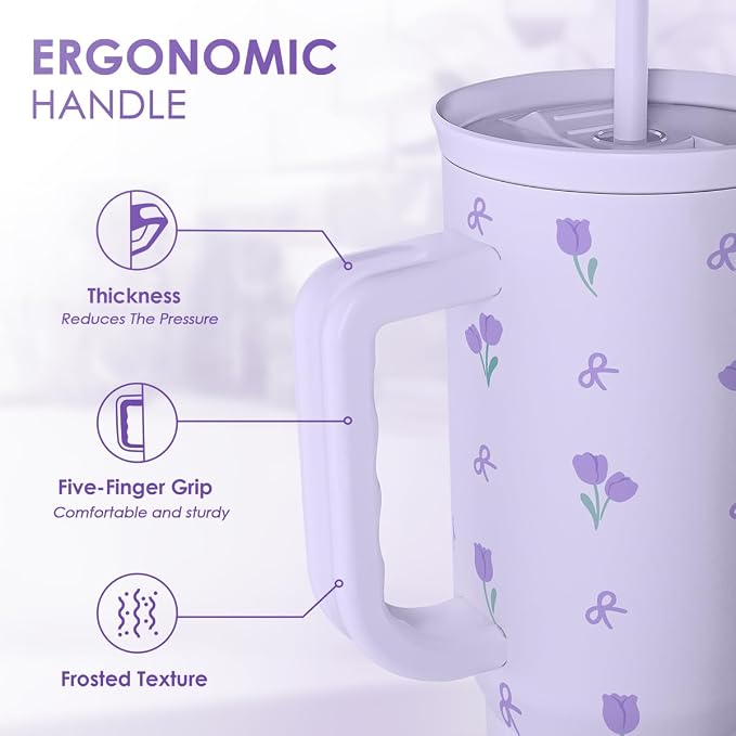 Floral 40oz Tumbler with Handle and Straw – Tulip Insulated Stainless Steel Travel Coffee Mug for Women Girls, Floral Gift Idea for Birthday Christmas Mothers Day - Image 3