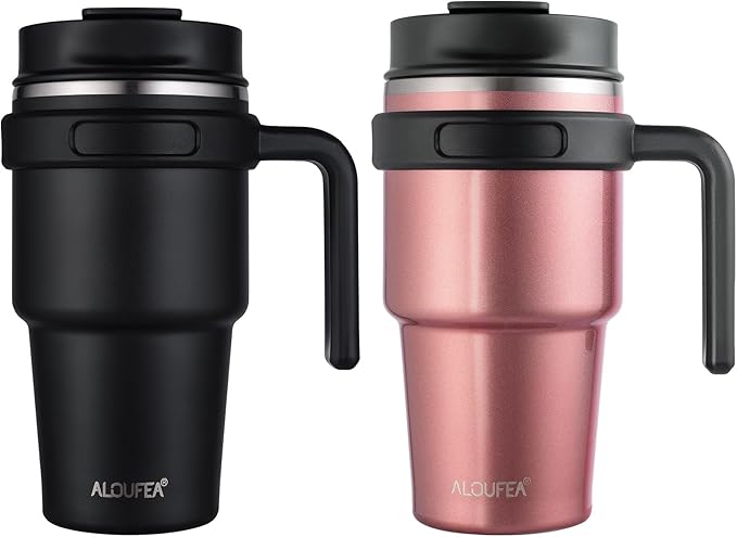 ALOUFEA 20 oz Insulated Coffee Mug Tumbler with Handle, Stainless Steel Travel Mug Tumbler with Lid and Straw,Double Wall Vacuum Leak Proof Ice Coffee Thermal Cup, Black/Rose Gold by ALOUFEA