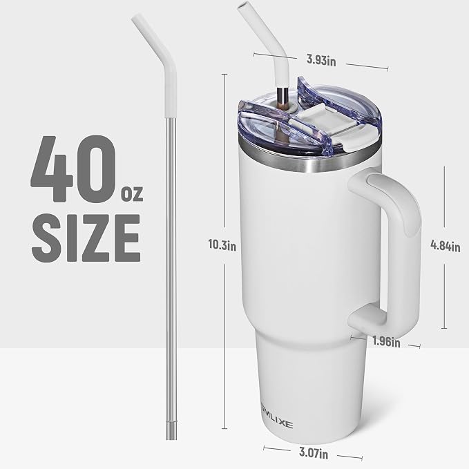 40 oz Tumbler with Handle and Straw Lid,Insulated Reusable Stainless Steel Water Bottle Travel Mug，Cupholder Friendly Double Wall Vacuum Sealed Cup (Cold White) - Image 3