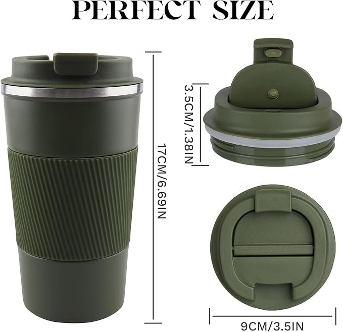 YINBAOGE Insulated Travel Coffee Mug, Spill & Leak Proof, Portable To Go Camping Stainless Steel Coffee Tumbler, Reusable Thermal Coffee Cup with Lid for Hot & Cold Drinks (Green, 17 OZ) - Image 2