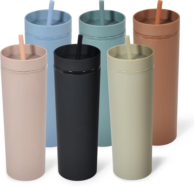 sweet grain Multicolor Skinny Tumblers with Lids and Straws(6 Pack) - 16oz Matte Pastel Colored Skinny Acrylic Tumblers, Double Wall Plastic Tall Skinny Tumblers Bulk for Cold Hot Drinks - Morandi by sweetgrain