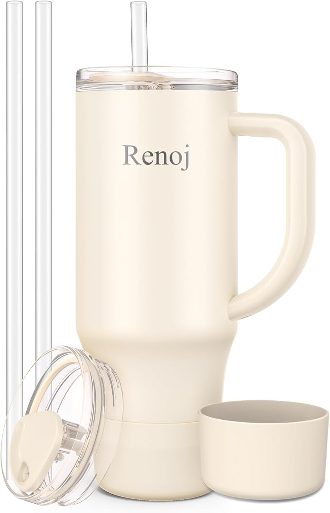 Renoj Insulated Mug 100% Spill Resistant Insulated Water Bottle for Iced Coffee & Hot Drinks - Fits Car Cup Holder, Ideal Gift, 2 Straws & Silicone Boot - FlexSlide White 40 oz by VisittheRenoj