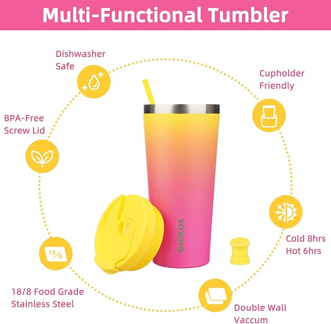 BJPKPK 22oz Stainless Steel Insulated Tumbler With lid And Straw Travel Coffee Thermal Tumblers Cup For Women And Men,Pink Yellow Rose - Image 3