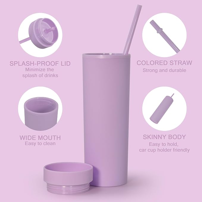 sweet grain Skinny Tumblers with Lids and Straws(6 Pack) - 16oz Matte Pastel Colored Skinny Acrylic Tumblers, Double Wall Plastic Tall Skinny Tumblers Bulk for Cold Hot Drinks - Purple - Image 4