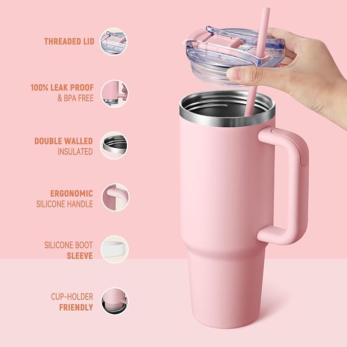 COKTIK 40 oz Tumbler With Handle and Straw, Insulated Tumbler With Leakproof Lids, Stainless Steel|BPA-Free, Cold for 24 H (Blush) - Image 3