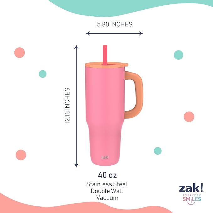 Zak Designs Sutton Travel Tumbler for On the Go, 40oz Stainless Steel with Vacuum Insulation, Silicone Straw, and Carry Handle for Cold Drinks (So Sweet Pink) - Image 7