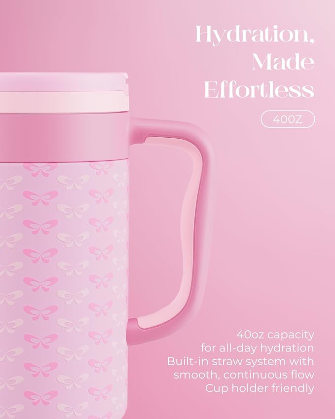 40 oz Insulated Tumbler with Handle and Push-Button Straw Lid, Stainless Steel Travel Cup for Gym Office, Leakproof, BPA-Free, Cup Holder Friendly, Bow Silicone Boot, Pink (Coquette Candy) - Image 5