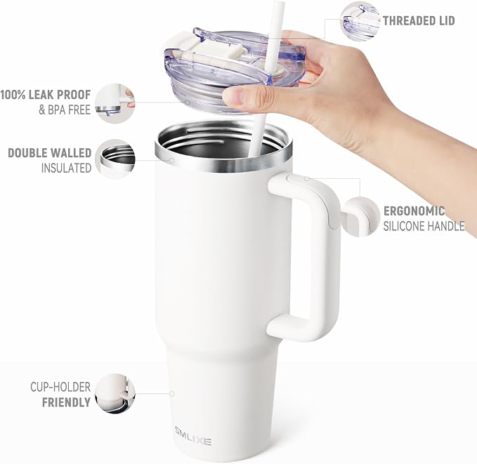 40 oz Tumbler with Handle and Straw Lid,Insulated Reusable Stainless Steel Water Bottle Travel Mug，Cupholder Friendly Double Wall Vacuum Sealed Cup (Snow) - Image 2