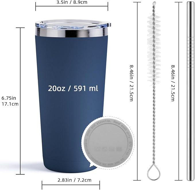 GGQ 20oz Travel Coffee Tumbler Food-Grade 304 Stainless Steel Vacuum Insulated Double Wall Leak-Proof Lid Reusable Straw Hot and Cold Drinks Cup Holder Friendly (Navy Blue) - Image 2