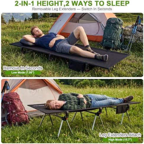 Height Adjustable Camping Cot, 350lbs Heavy-Duty Aluminum Frame, Black - Image 4