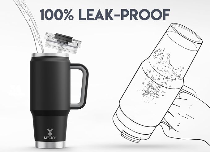 Meoky 32 oz Tumbler with Handle, Insulated Tumbler with Lid and Straw, Stainless Steel Travel Mug, Keeps Cold for 24 Hours, 100% Leak Proof, Fits in Car Cup Holder (Night) - Image 3