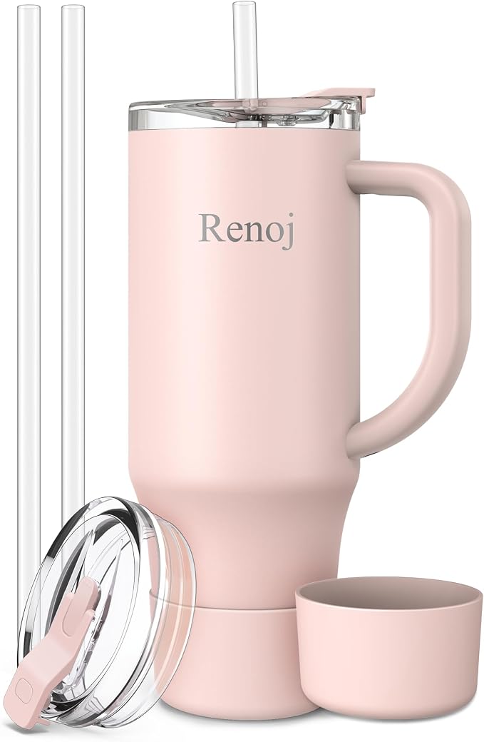 Renoj Insulated Mug 100% Leak Proof Insulated Water Bottle for Iced Coffee & Hot Drinks - Fits Car Cup Holder, Ideal Gift, 2 Straws & Silicone Boot - SnapShift Light Pink 32 oz by VisittheRenoj