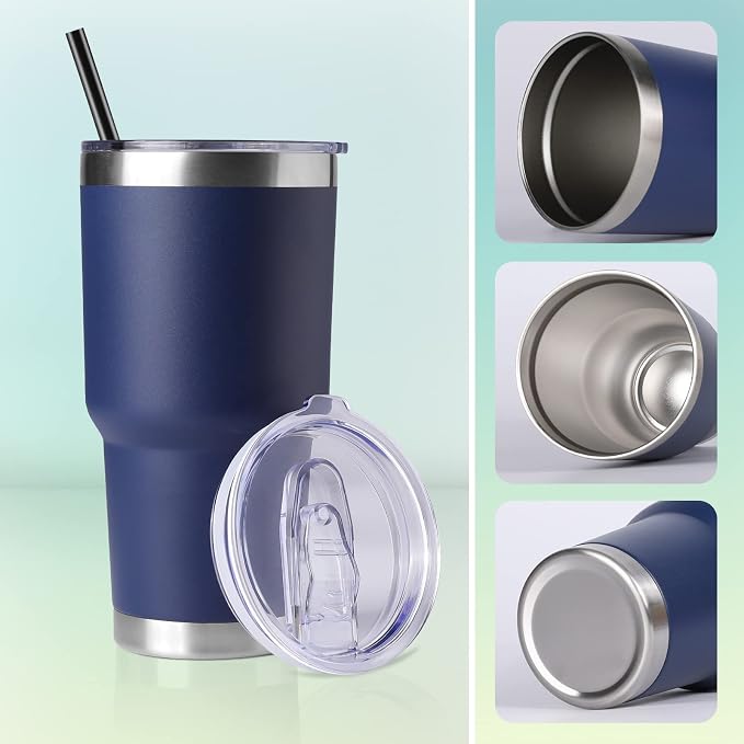 DOMICARE 30 oz Tumbler with Lid and Straw, Stainless Steel Tumblers Bulk, Insulated Vacuum Double Wall Travel Coffee Mug, Durable Powder Coated Tumbler Cups (Navy, 4) - Image 5