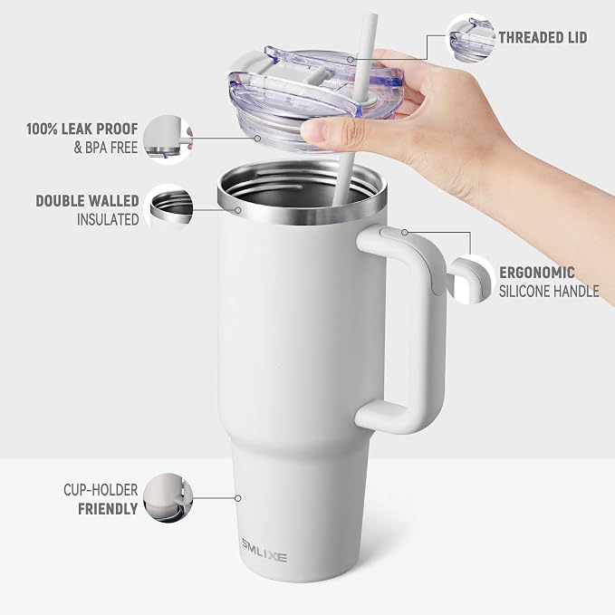 40 oz Tumbler with Handle and Straw Lid,Insulated Reusable Stainless Steel Water Bottle Travel Mug，Cupholder Friendly Double Wall Vacuum Sealed Cup (Cold White) - Image 2